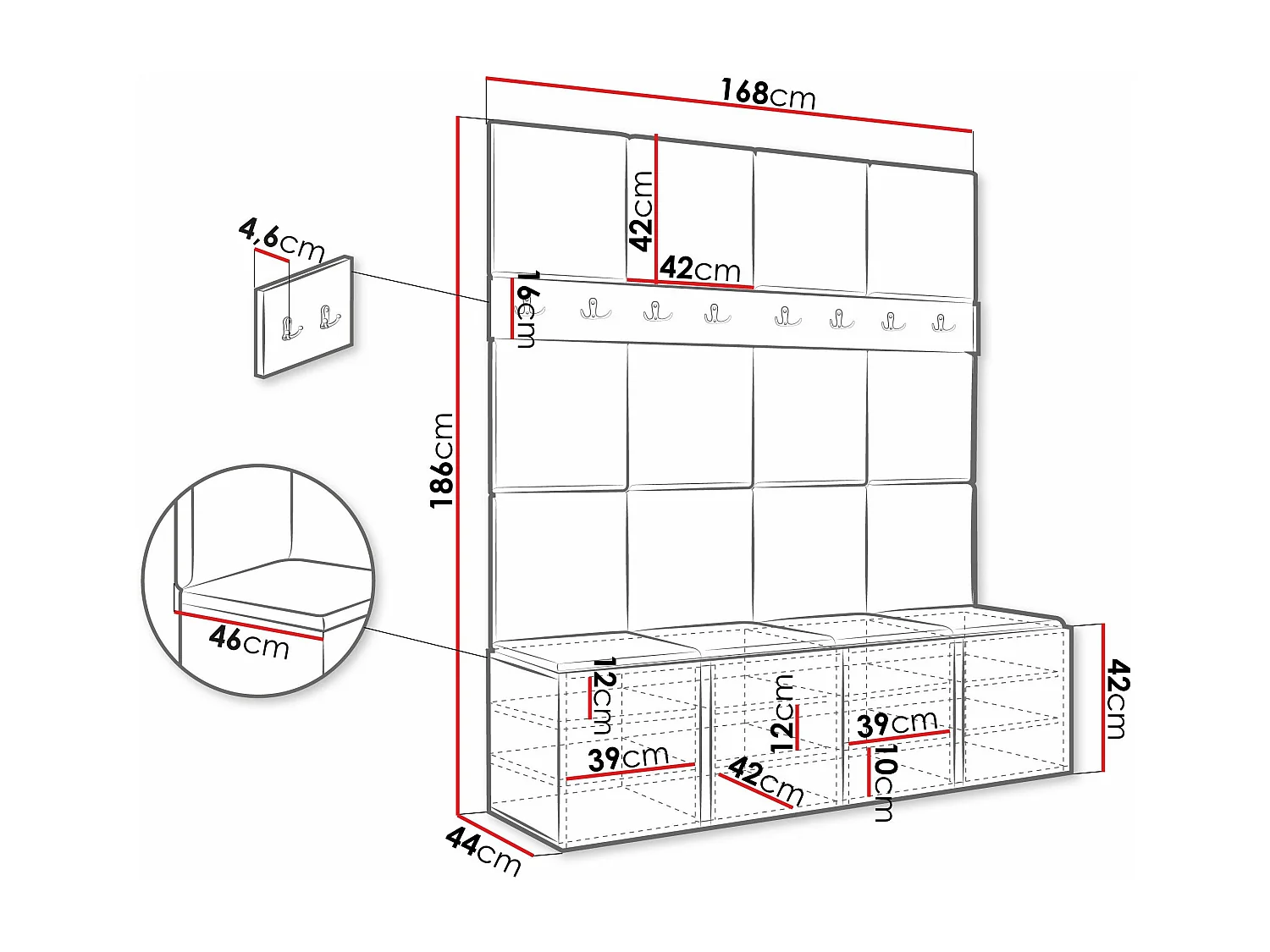 Meuble d'entrée Pinis V, 186x168x46cm, Graphite, Stratifié|Faux cuir, À poser|Murale