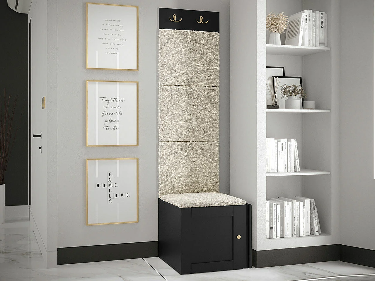 Meuble d'entrée Hartford 378, 186x42x46cm, Noir|Brun clair, MDF|Stratifié|Tissu