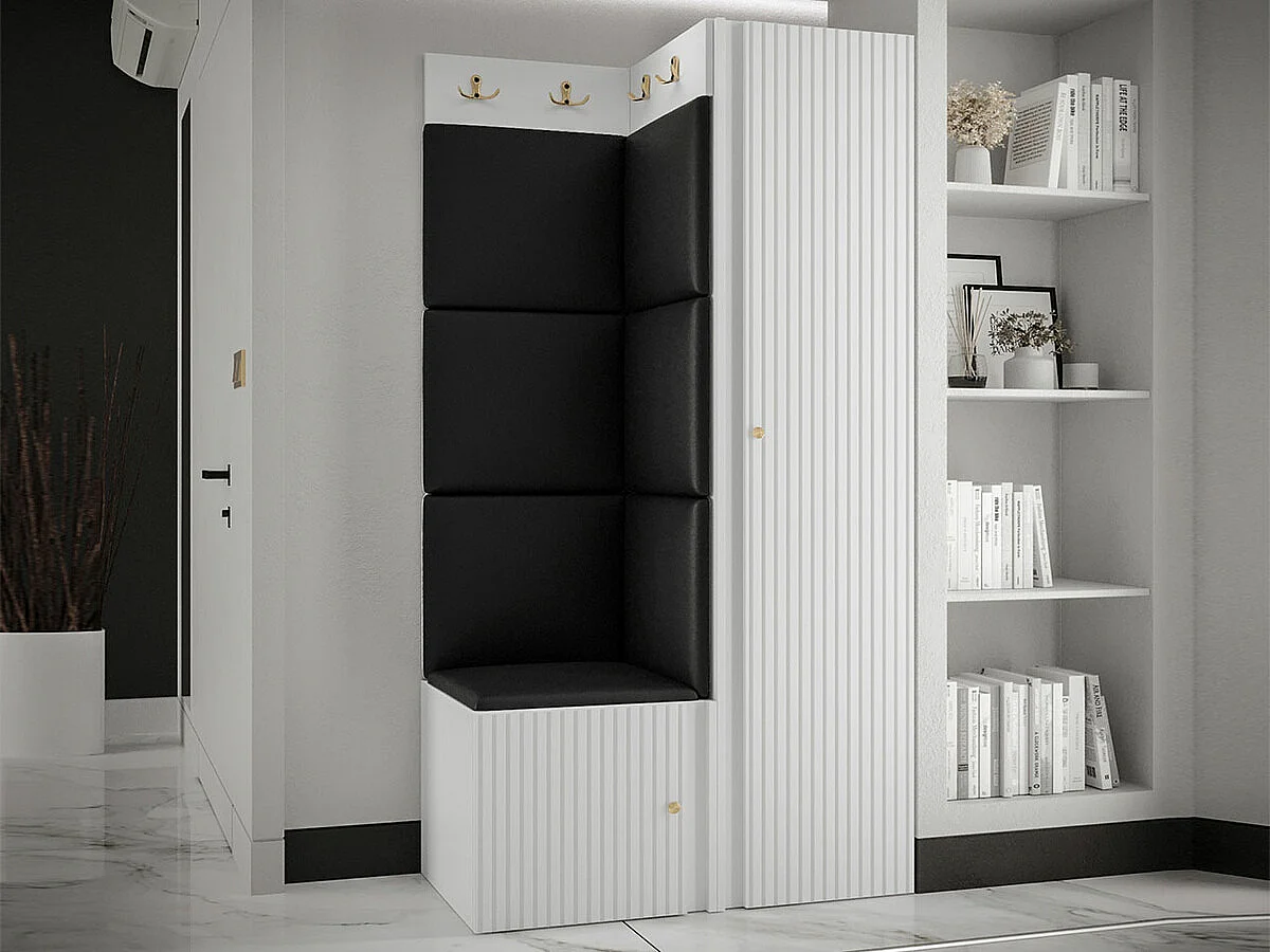 Meuble d'entrée Hartford 390, 186x82x46cm, Blanc|Noir, MDF|Stratifié|Faux cuir