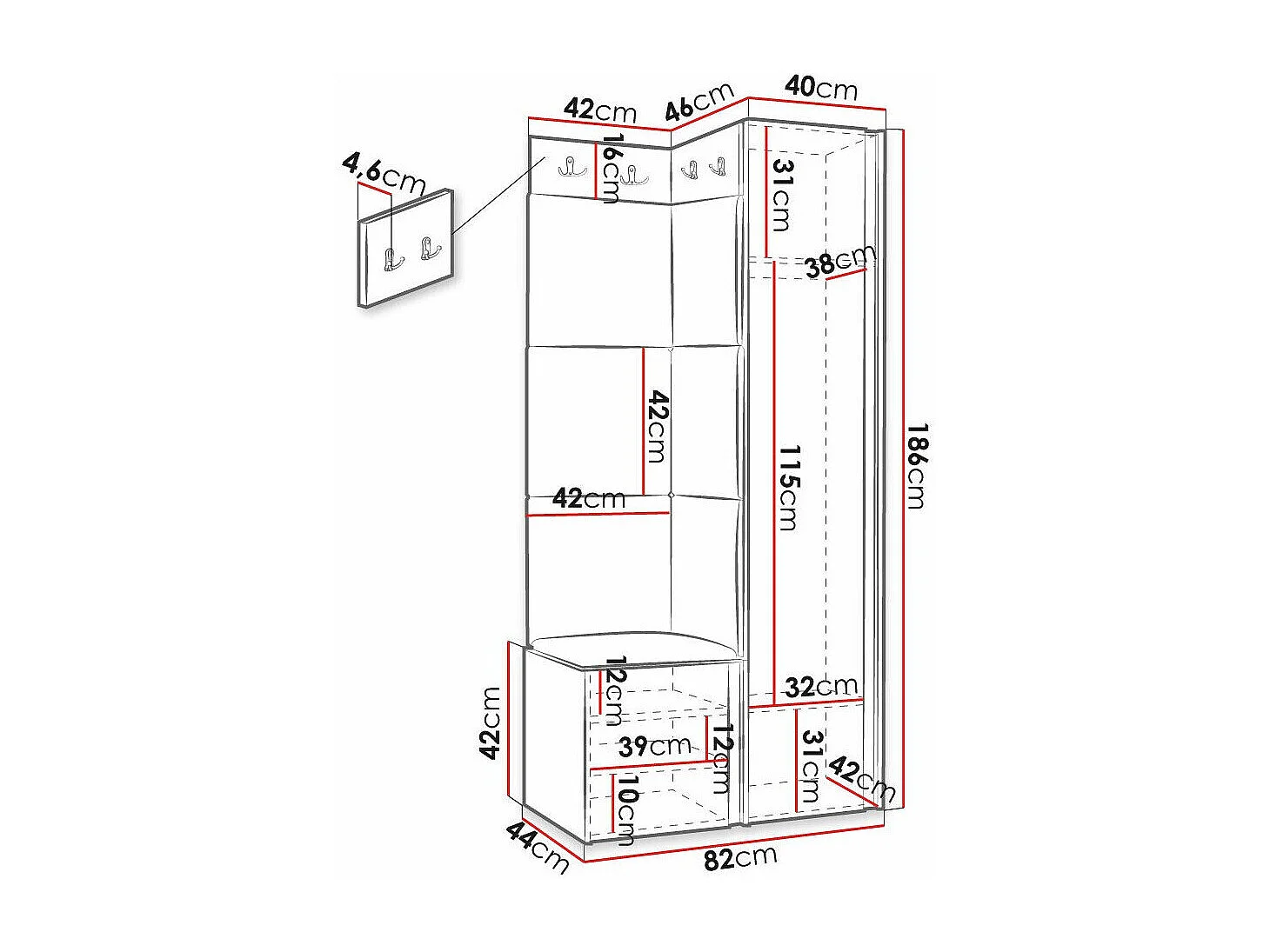 Meuble d'entrée Hartford 390, 186x82x46cm, Blanc|Noir, MDF|Stratifié|Faux cuir