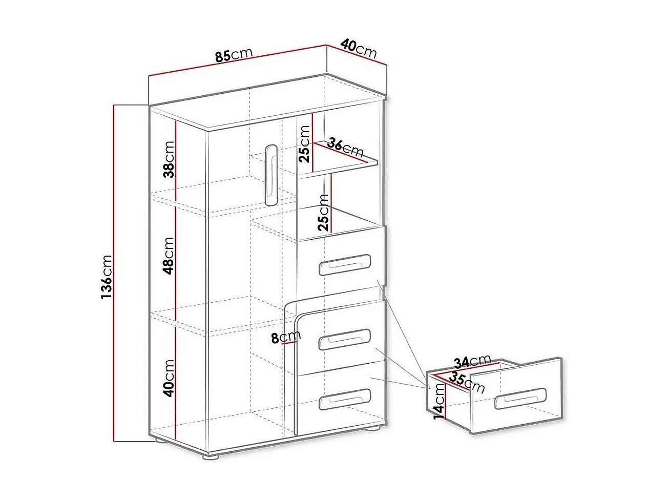 Commode Aviseve 101, Blanc|Anthracite, Tiroirs et portes, Nombre de tiroirs: 3, 136x85cm