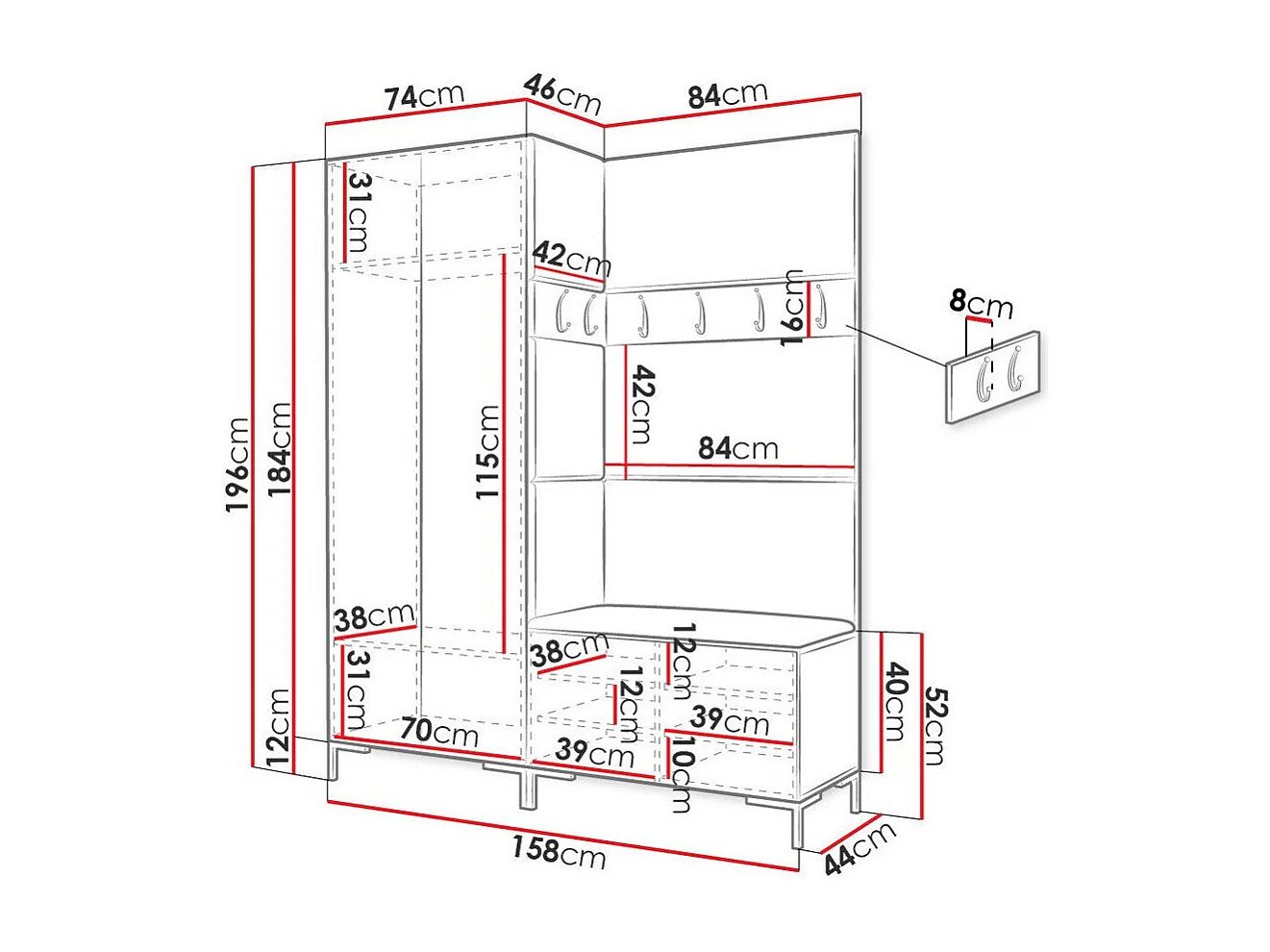 Meuble d'entrée Tivsoa 100, 196x158x44cm, Blanc, Faux cuir|Stratifié, À poser|Murale
