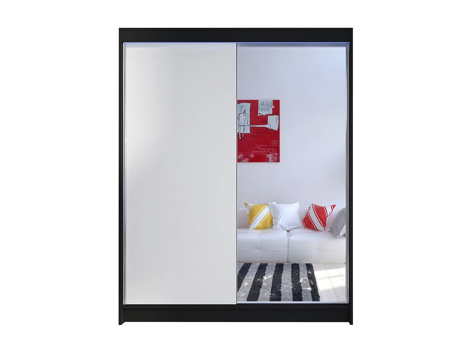 Armoire Closico 140, Blanc|Noir, 200x150x58cm, Portes d'armoire: Coulissantes