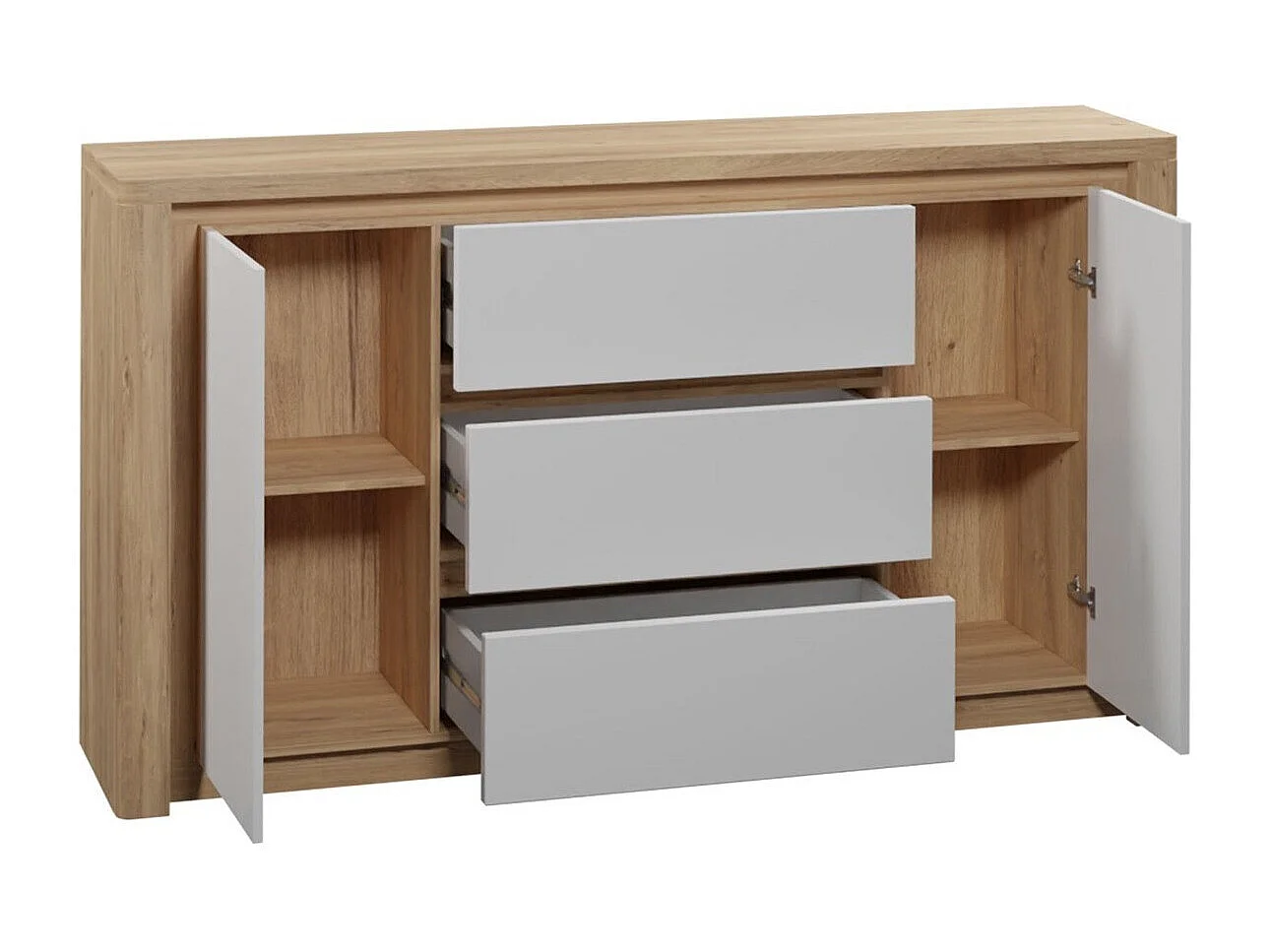 Commode Etrmona 107, Ribbeck chêne|Blanc brillant, Tiroirs et portes, 98x184x41cm