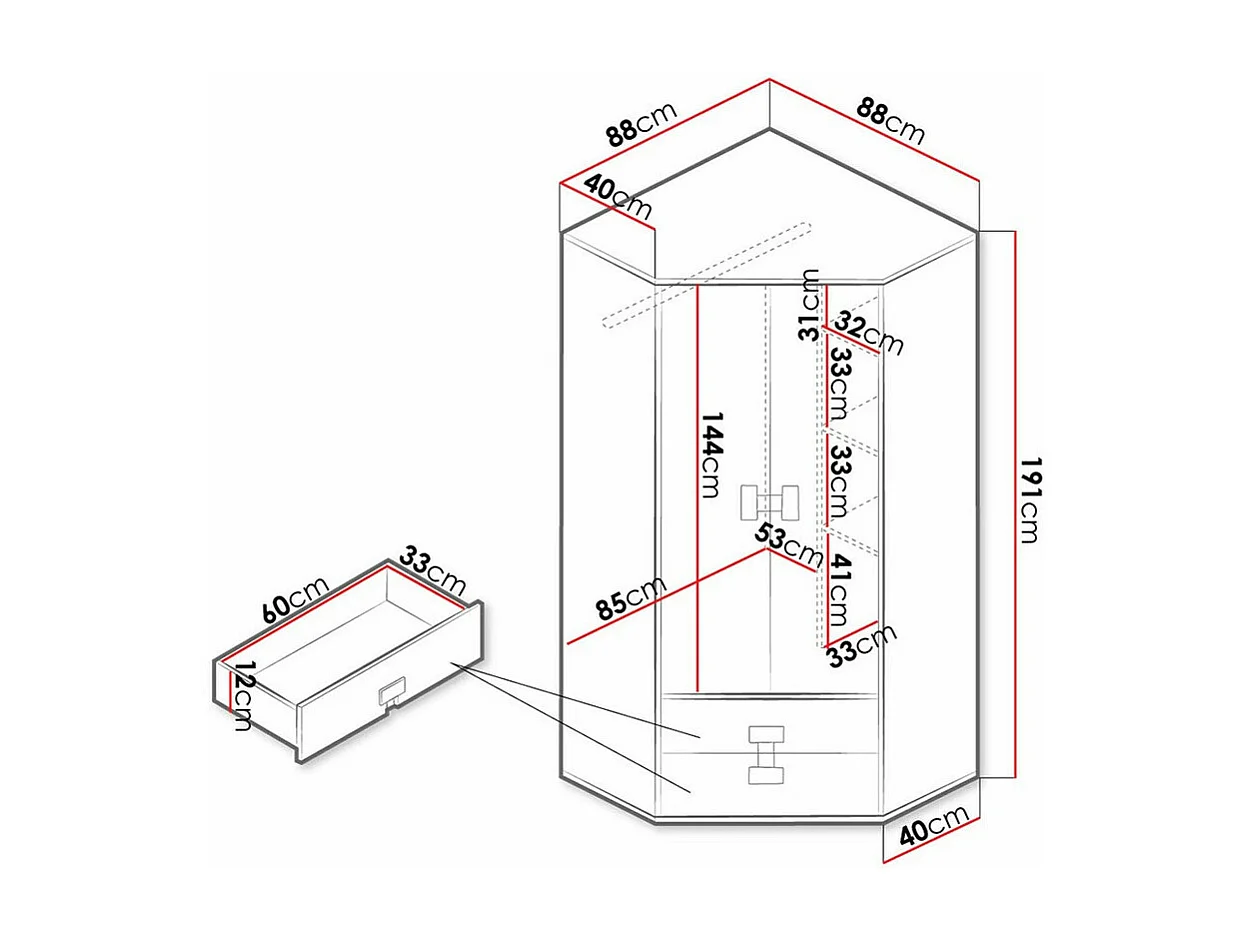 Armoire d'angle Florevi 114, Chêne Artisan|Gris brillant, 191x88x88cm