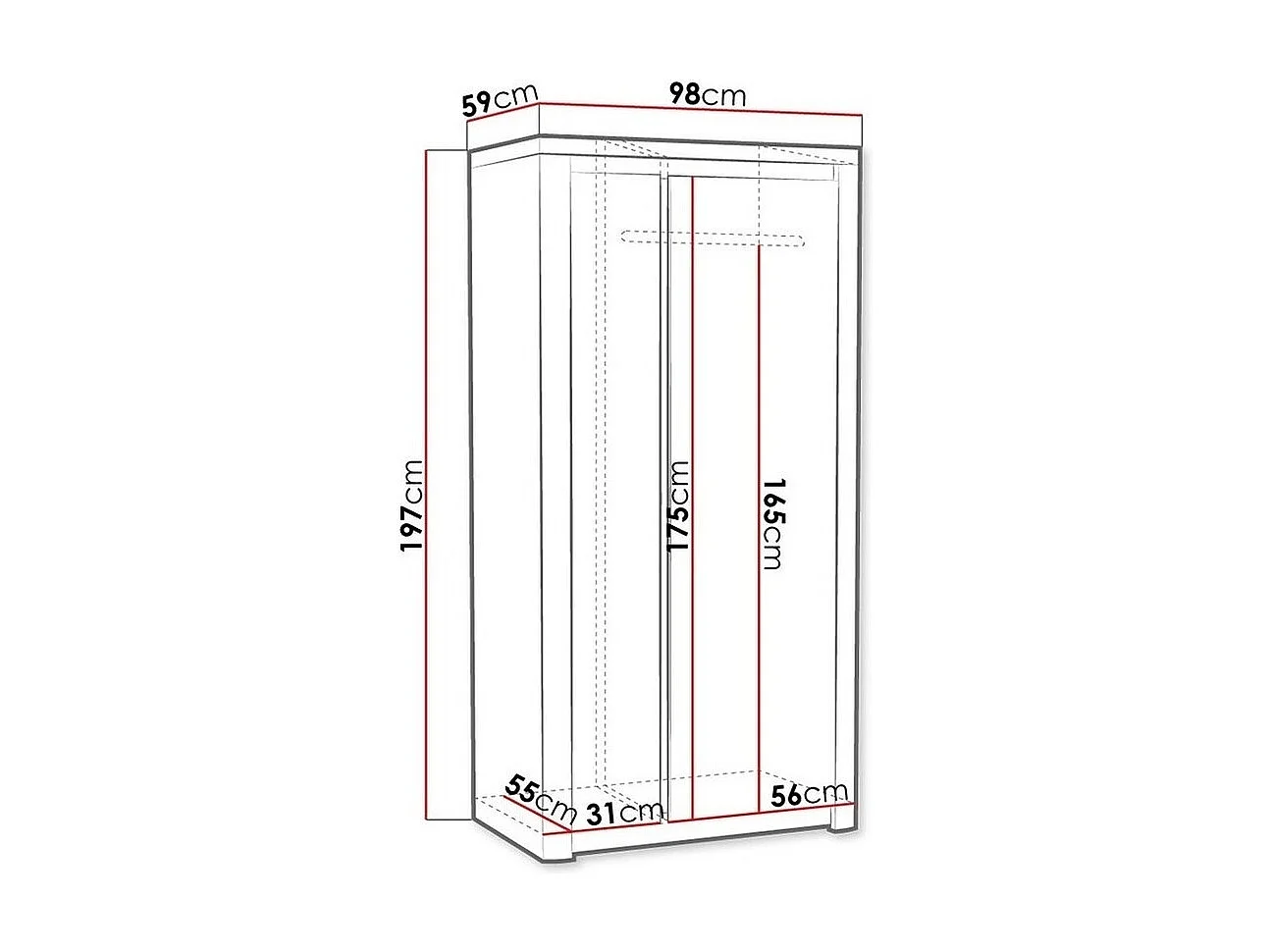 Armario Etrmona 100, Ribbeck roble|Blanco brillante, 197x98x59cm