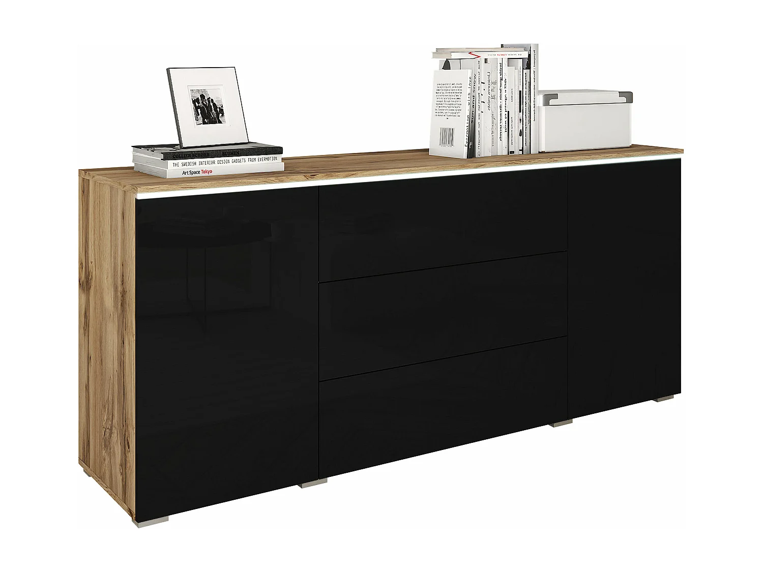 Commode Sarasota 142, Noir brillant|Chêne wotan, Tiroirs et portes, Nombre de tiroirs: 3