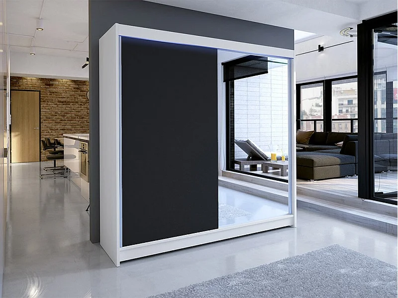 Armoire Closico 137, Noir|Blanc, 215x180x58cm, Portes d'armoire: Coulissantes