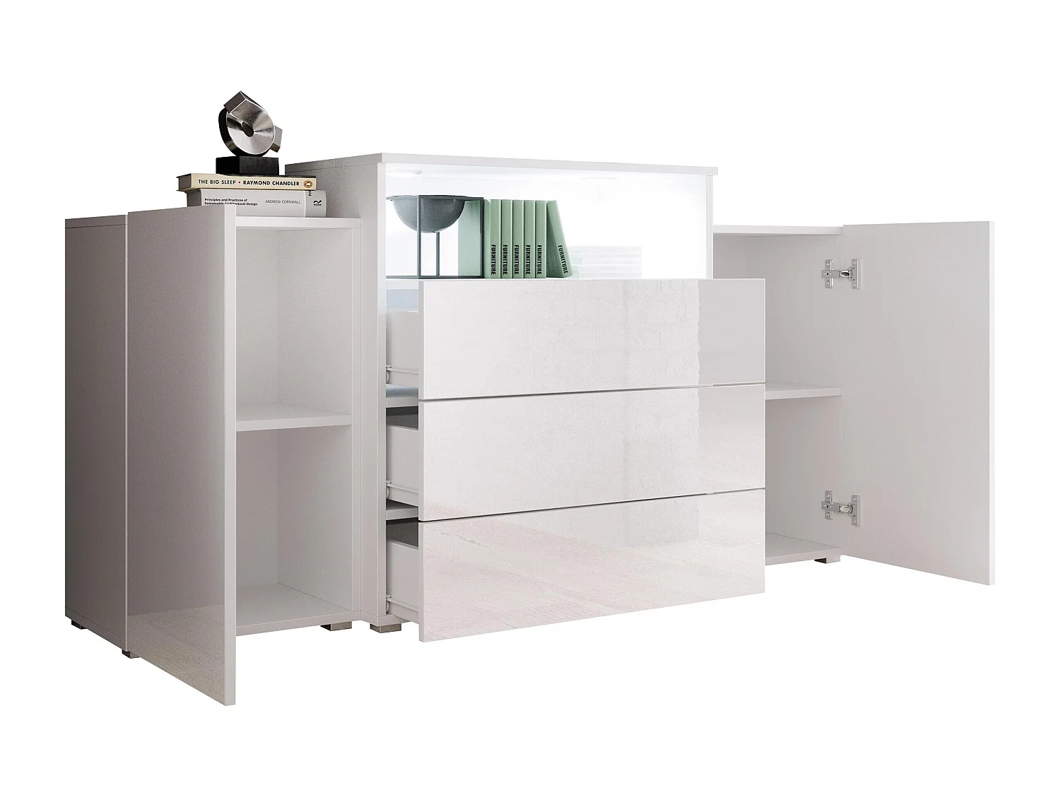 Cómoda Sarasota 127, Roble wotan|Blanco brillante, Con cajones y puertas, 81x150x39cm