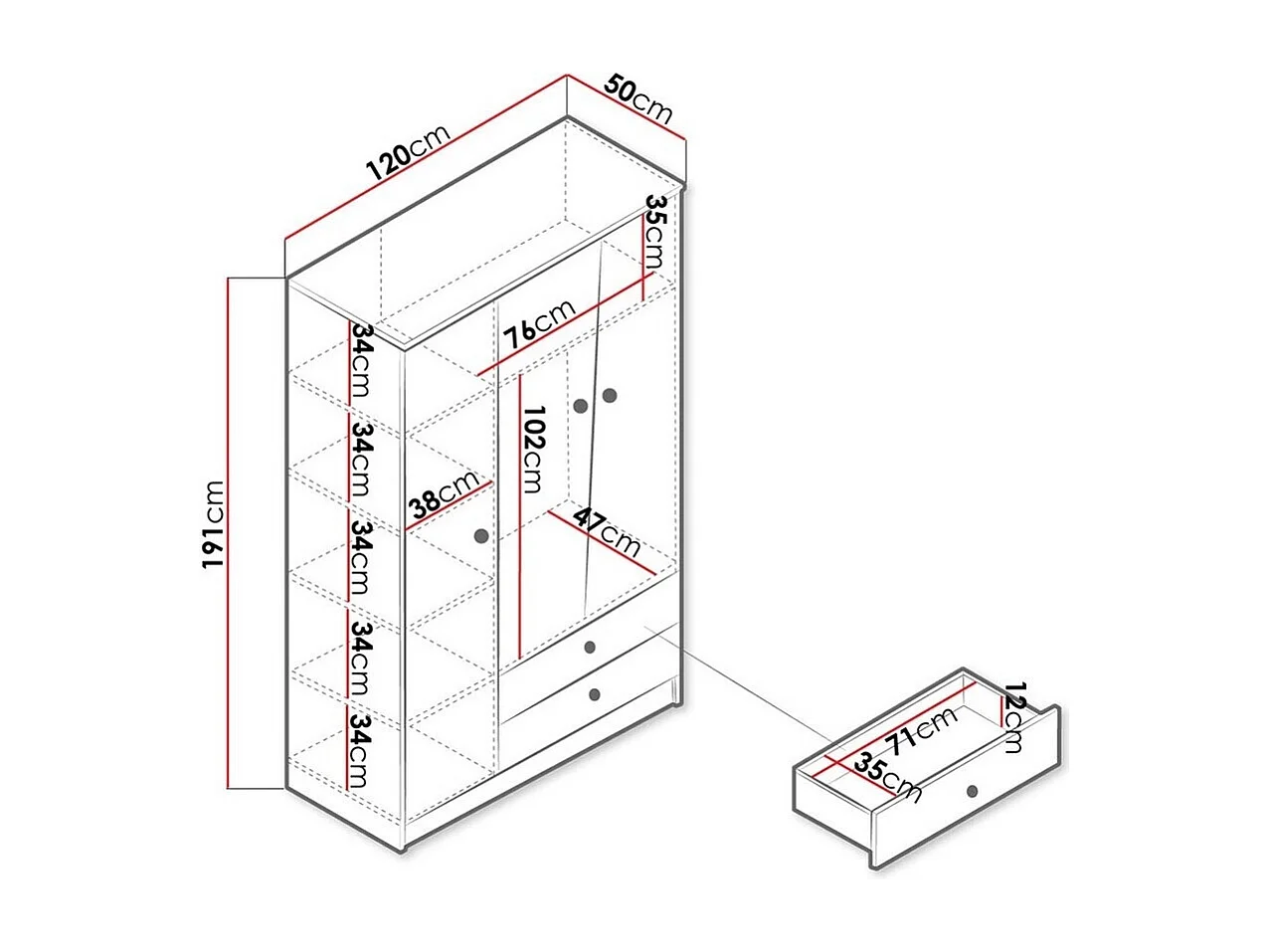 Armoire Almira 102, Blanc|Chêne Artisan|Gris, 191x120x50cm, Nombre d'étagères: 5