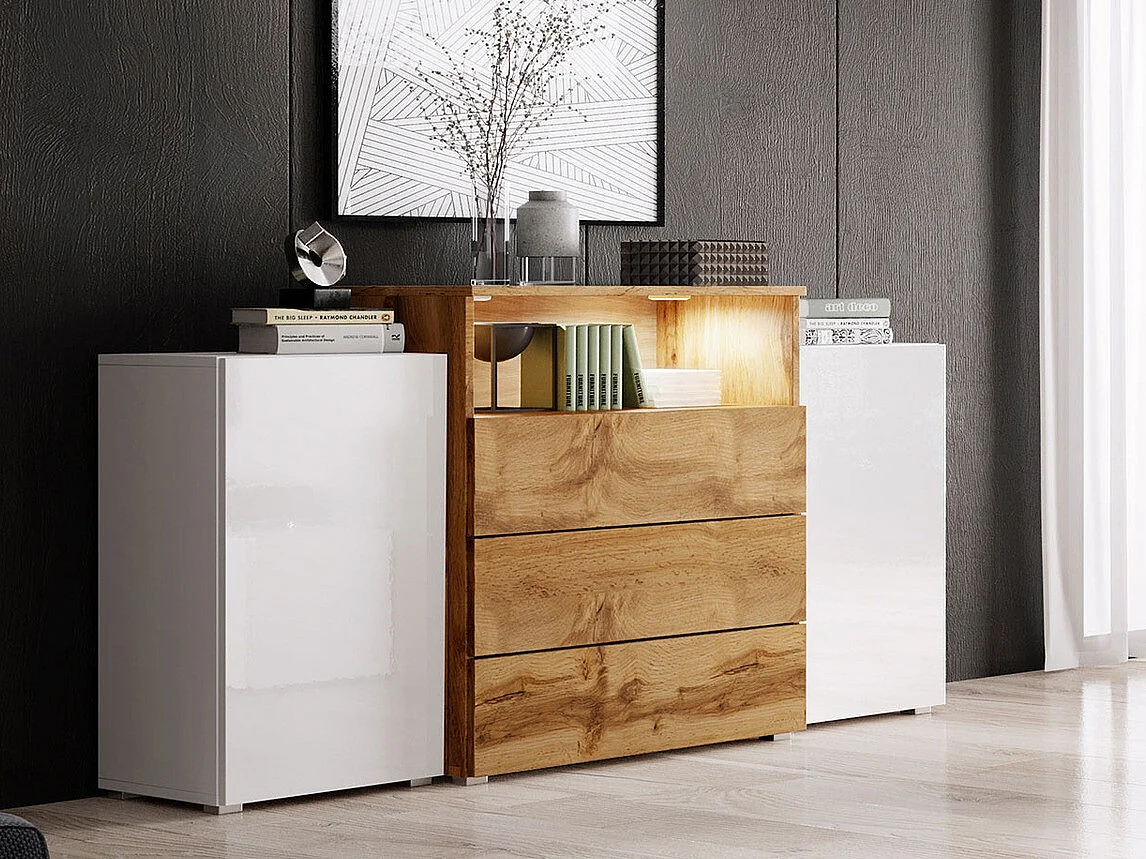 Commode Sarasota 127, Chêne wotan|Blanc|Blanc brillant, Tiroirs et portes, 81x150x39cm