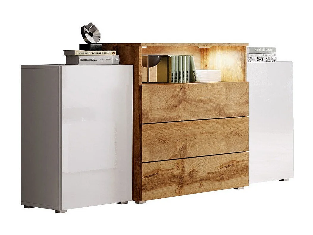 Commode Sarasota 127, Chêne wotan|Blanc|Blanc brillant, Tiroirs et portes, 81x150x39cm