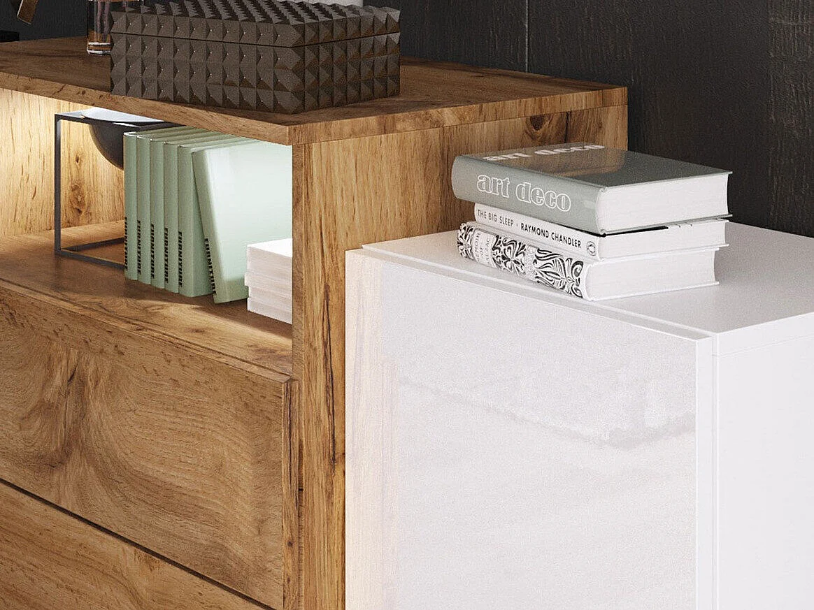 Commode Sarasota 127, Chêne wotan|Blanc|Blanc brillant, Tiroirs et portes, 81x150x39cm