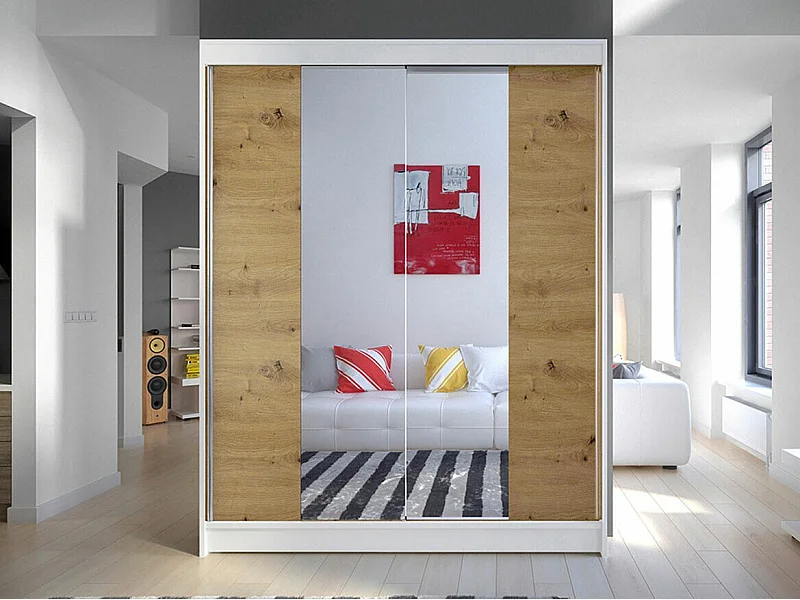 Armoire Closico 141, Chêne Artisan|Blanc, 200x150x58cm, Portes d'armoire: Coulissantes