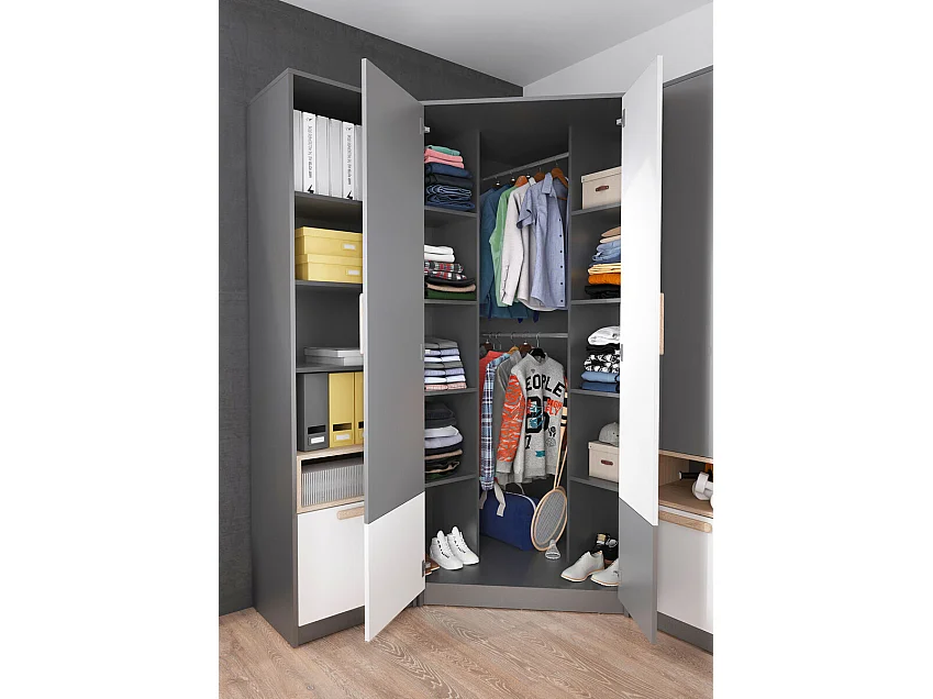 Armoire d'angle Veravie 102, Blanc|Gris clair|Graphite, 193x95x95cm, Nombre d'étagères: 8