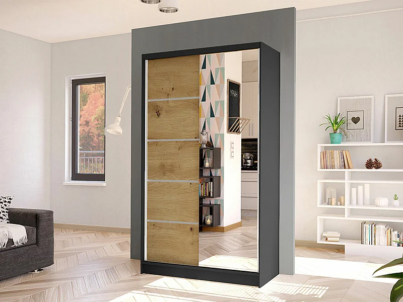 Armoire Closico 166, Chêne Artisan|Noir, 200x100x58cm, Portes d'armoire: Coulissantes