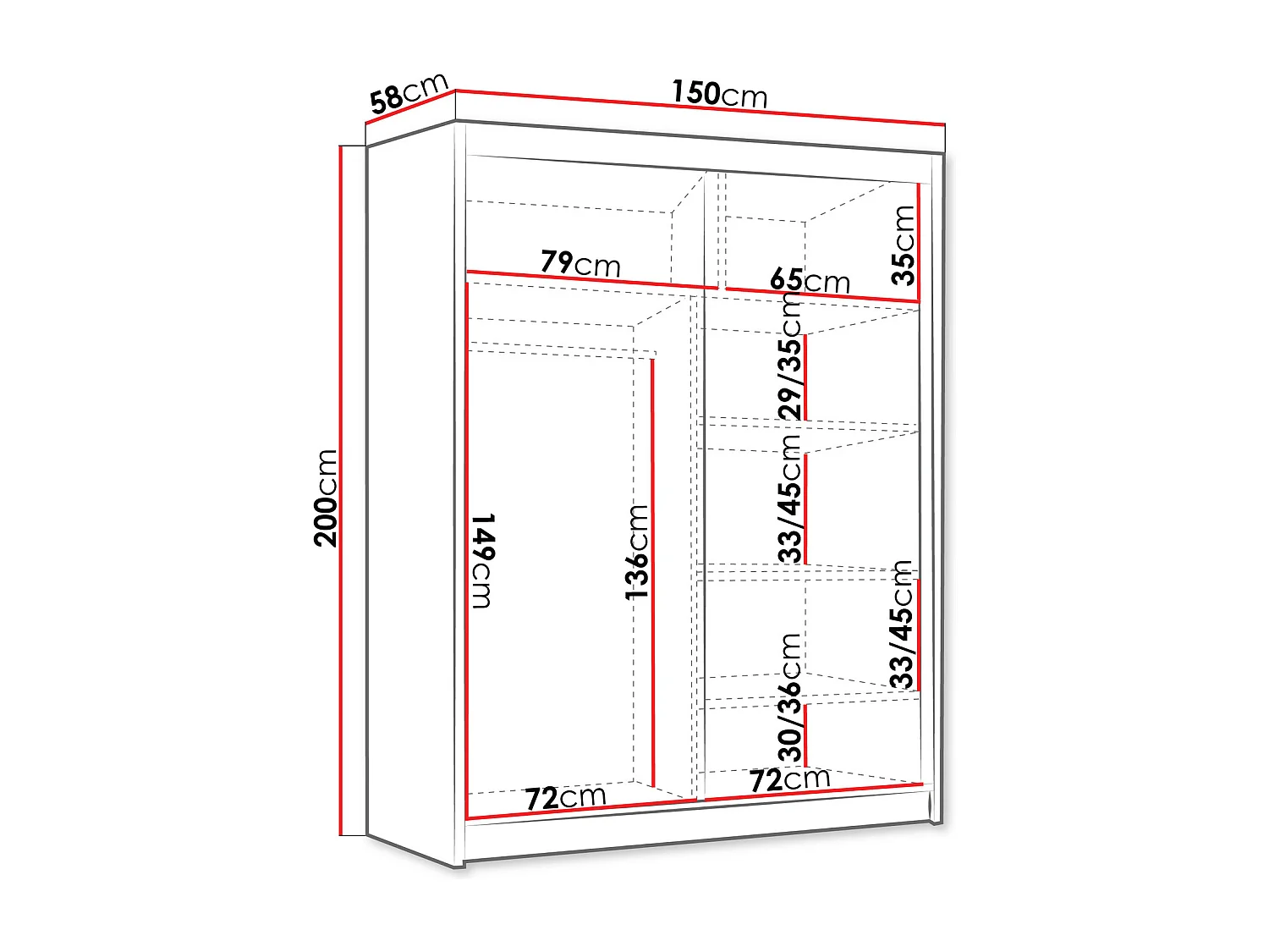 Armoire Closico 187, Noir|Blanc, 200x150x58cm, Portes d'armoire: Coulissantes