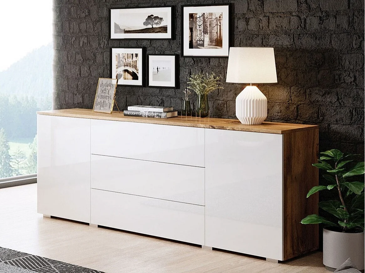 Commode Sarasota 129, Chêne wotan|Blanc brillant, Tiroirs et portes, Nombre de tiroirs: 3
