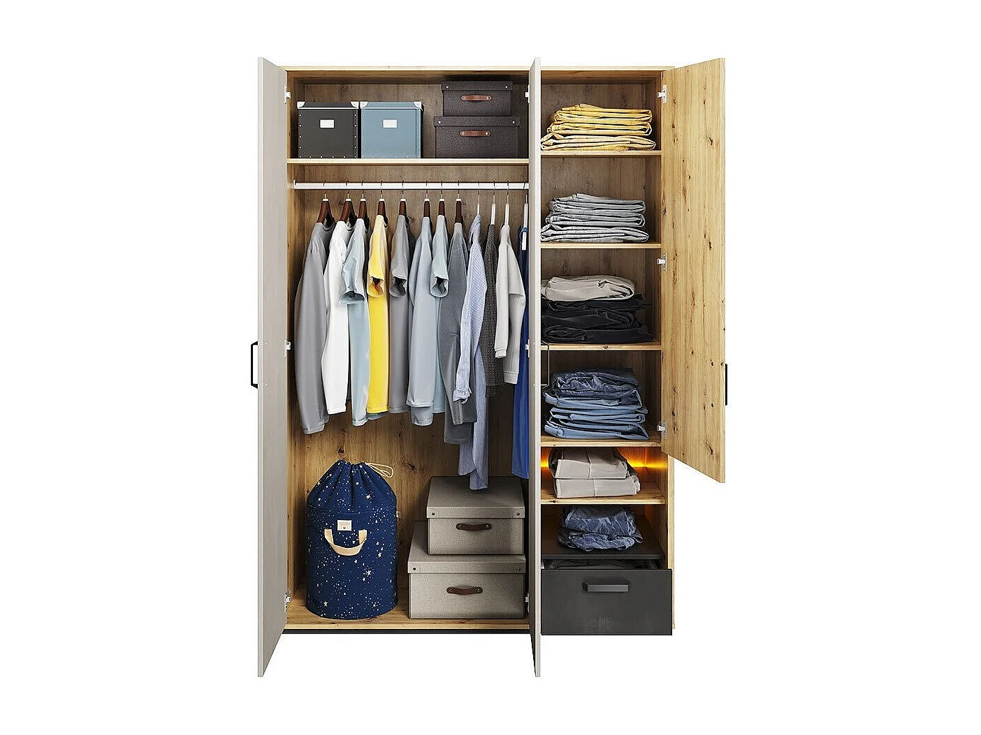 Armoire Orlveno 101, Noir|Chêne Artisan|Gris, 195x130x52cm, Nombre d'étagères: 6