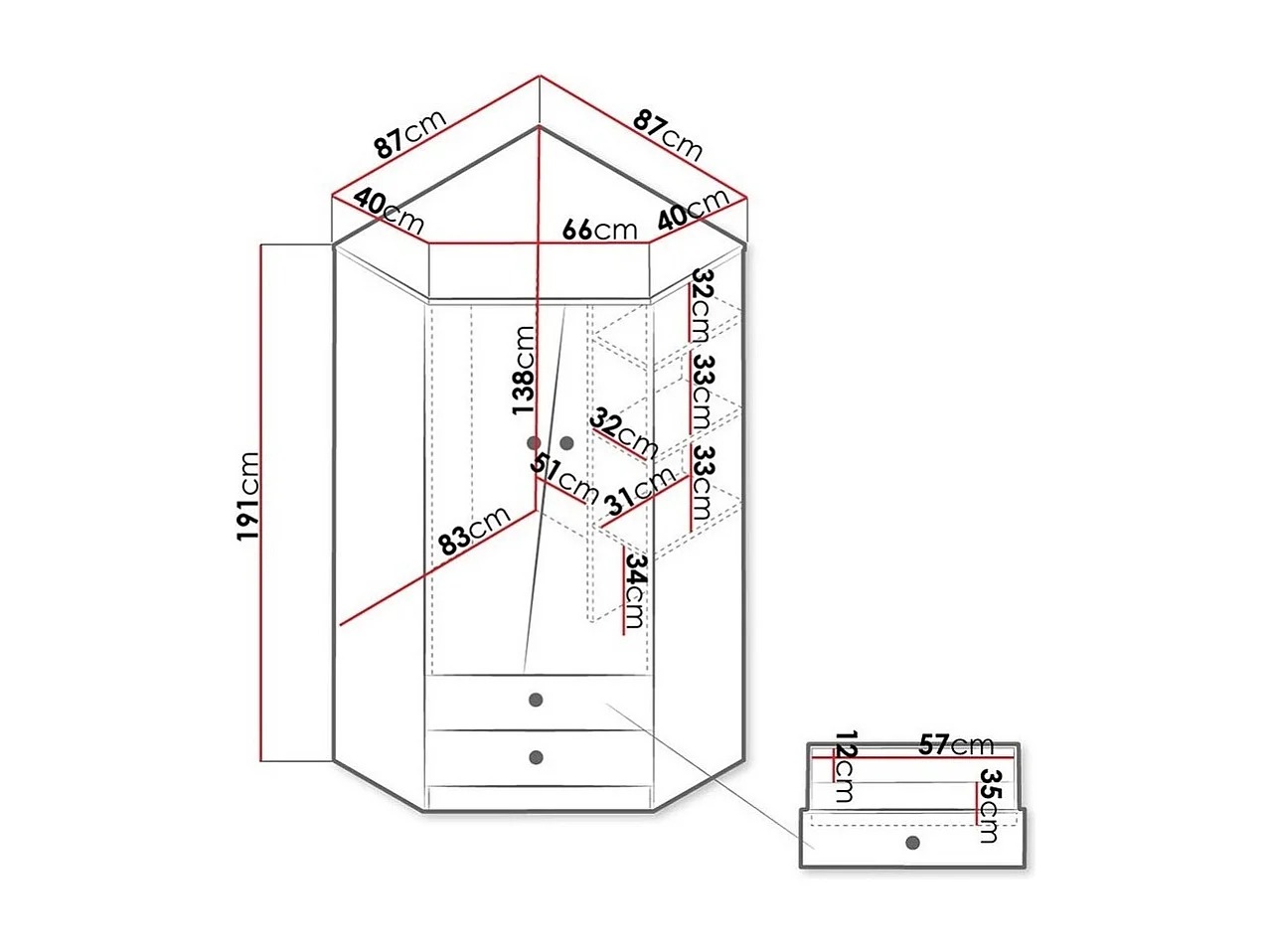 Armoire d'angle Almira 101, Blanc|Chêne Artisan|Gris, 191x87x87cm, Nombre d'étagères: 3
