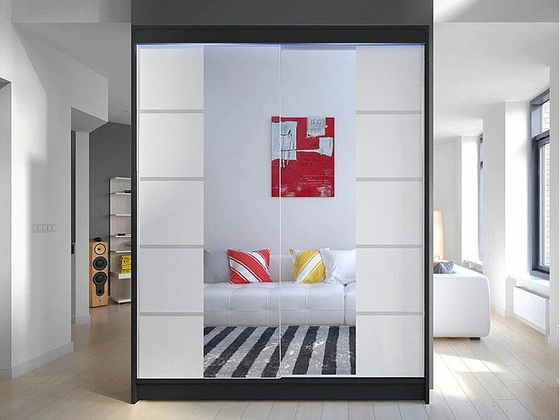 Armoire Closico 146, Noir|Blanc, 200x150x58cm, Portes d'armoire: Coulissantes