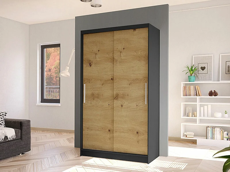 Armoire Closico 162, Chêne Artisan|Noir, 200x100x58cm, Portes d'armoire: Coulissantes
