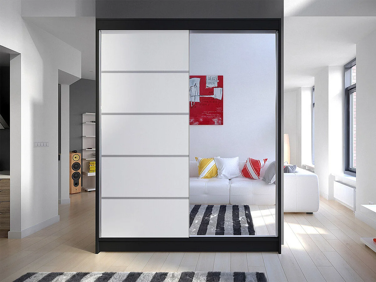 Armoire Closico 143, Noir|Blanc, 200x150x58cm, Portes d'armoire: Coulissantes