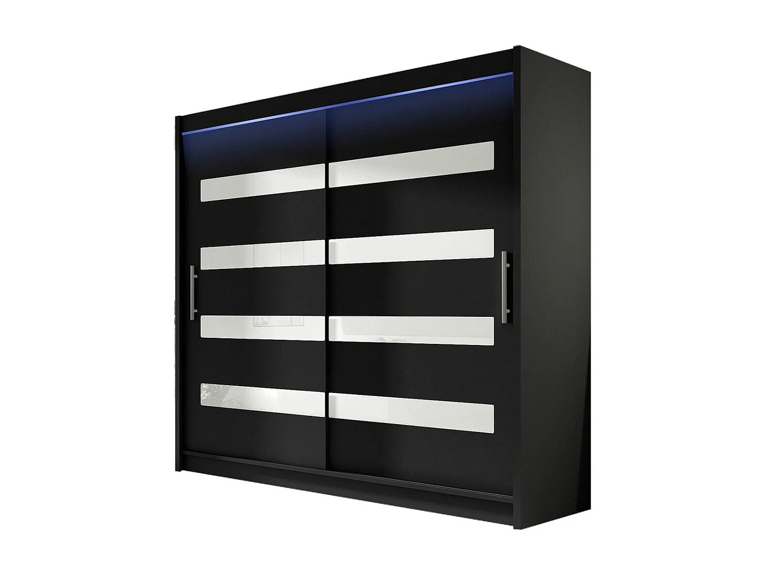 Armoire Closico 156, Blanc brillant|Noir, 215x180x58cm, Portes d'armoire: Coulissantes