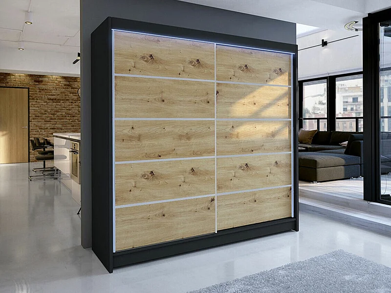 Armoire Closico 153, Noir|Chêne Artisan, 215x180x58cm, Portes d'armoire: Coulissantes