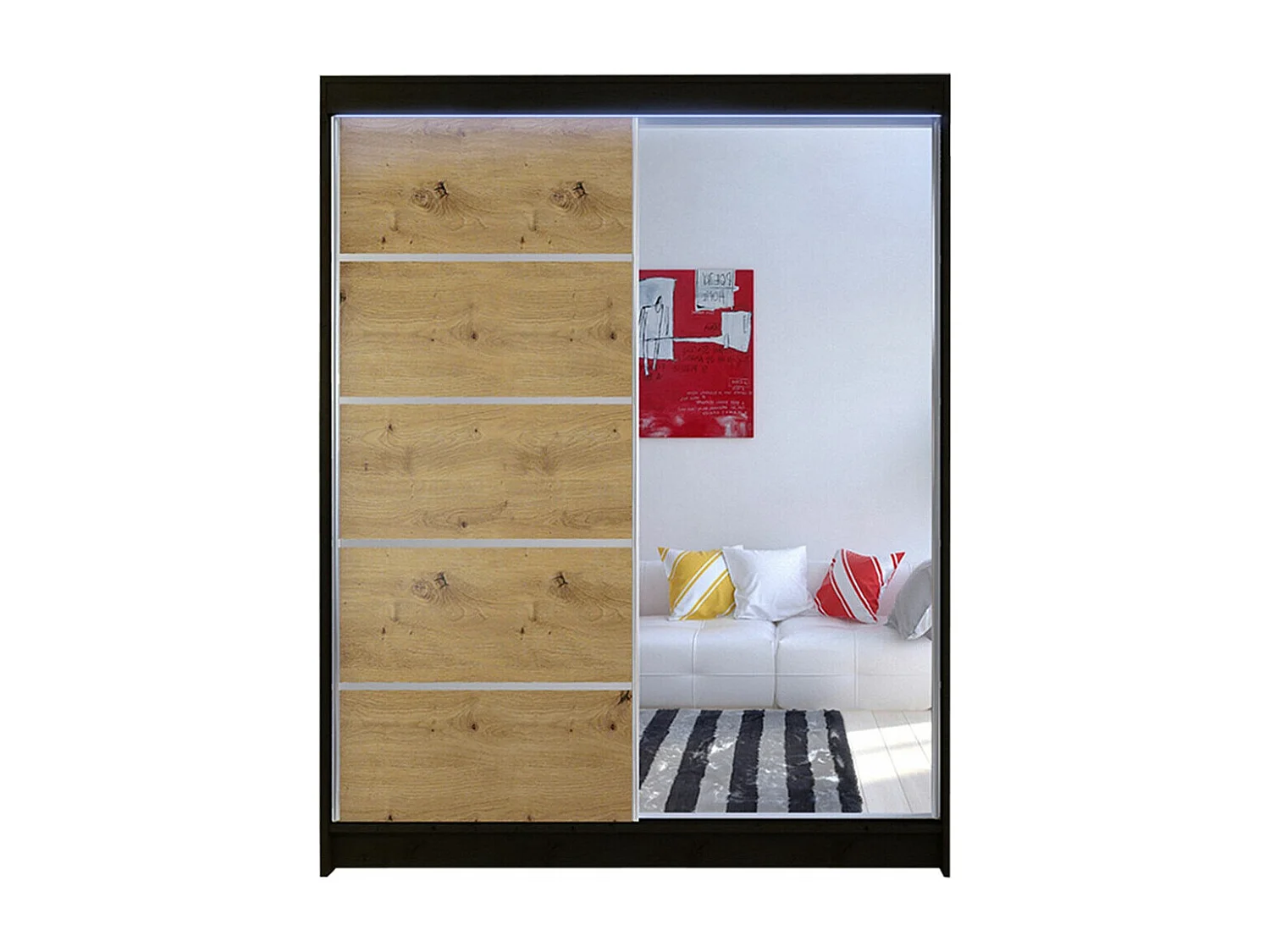 Armoire Closico 143, Noir|Chêne Artisan, 200x150x58cm, Portes d'armoire: Coulissantes