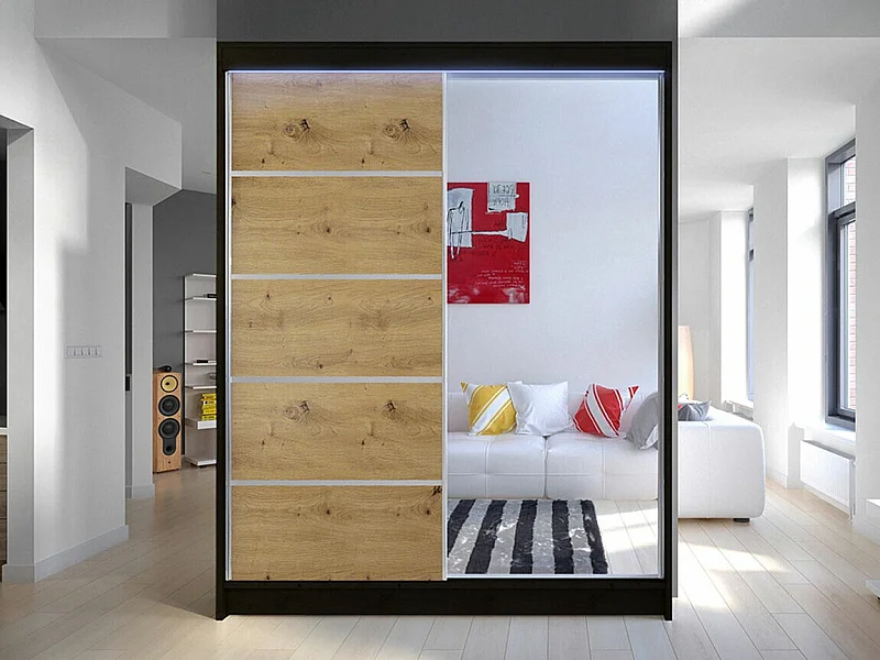 Armoire Closico 143, Chêne Artisan|Noir, 200x150x58cm, Portes d'armoire: Coulissantes