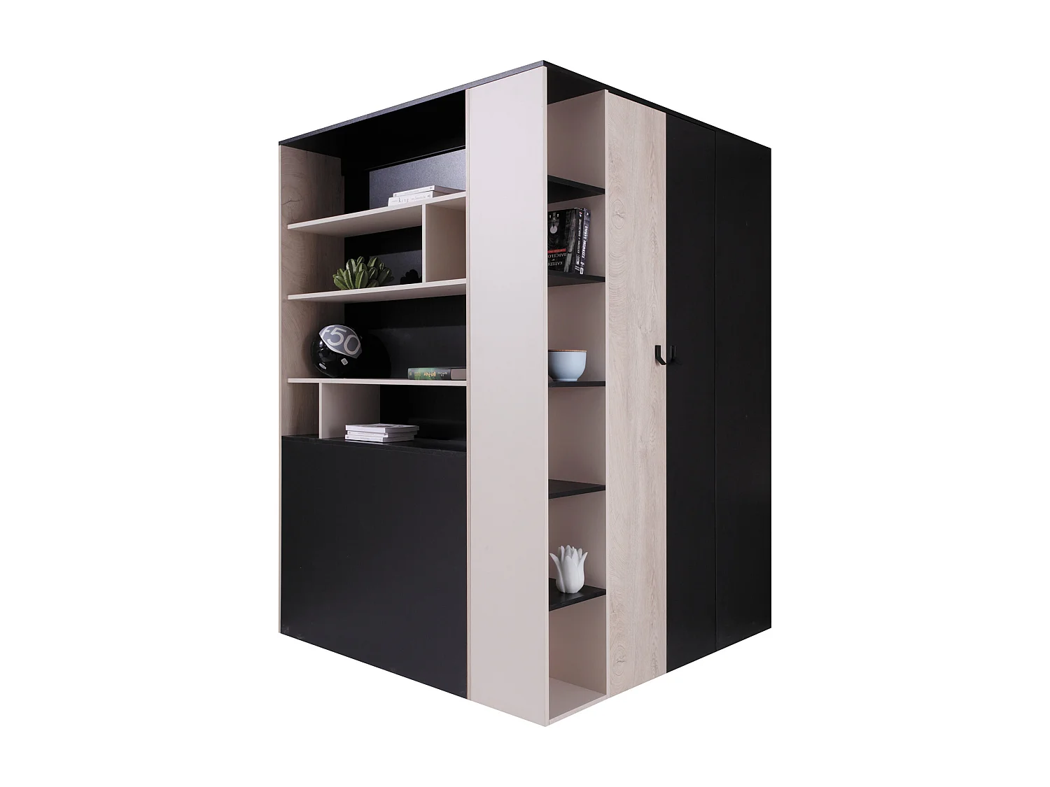 Armoire d'angle Camteso 113, Noir|Beige|Chêne, 190x135x135cm, Nombre d'étagères: 12