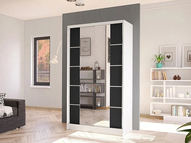 Armoire Closico 168, Blanc|Noir, 200x100x58cm, Portes d'armoire: Coulissantes