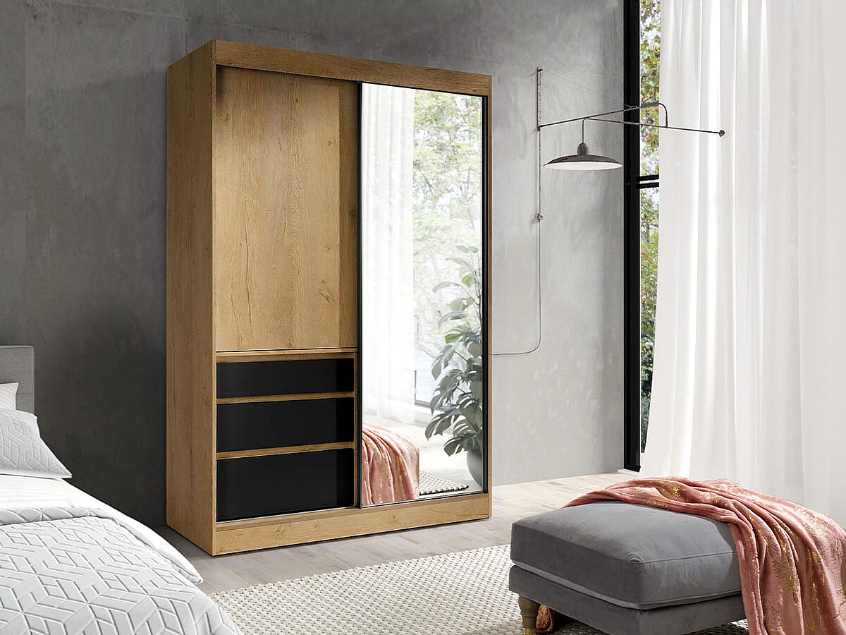 Armoire Toledo 115, Chêne de Lefkas|Noir mat, 216x140x65cm, Nombre d'étagères: 1
