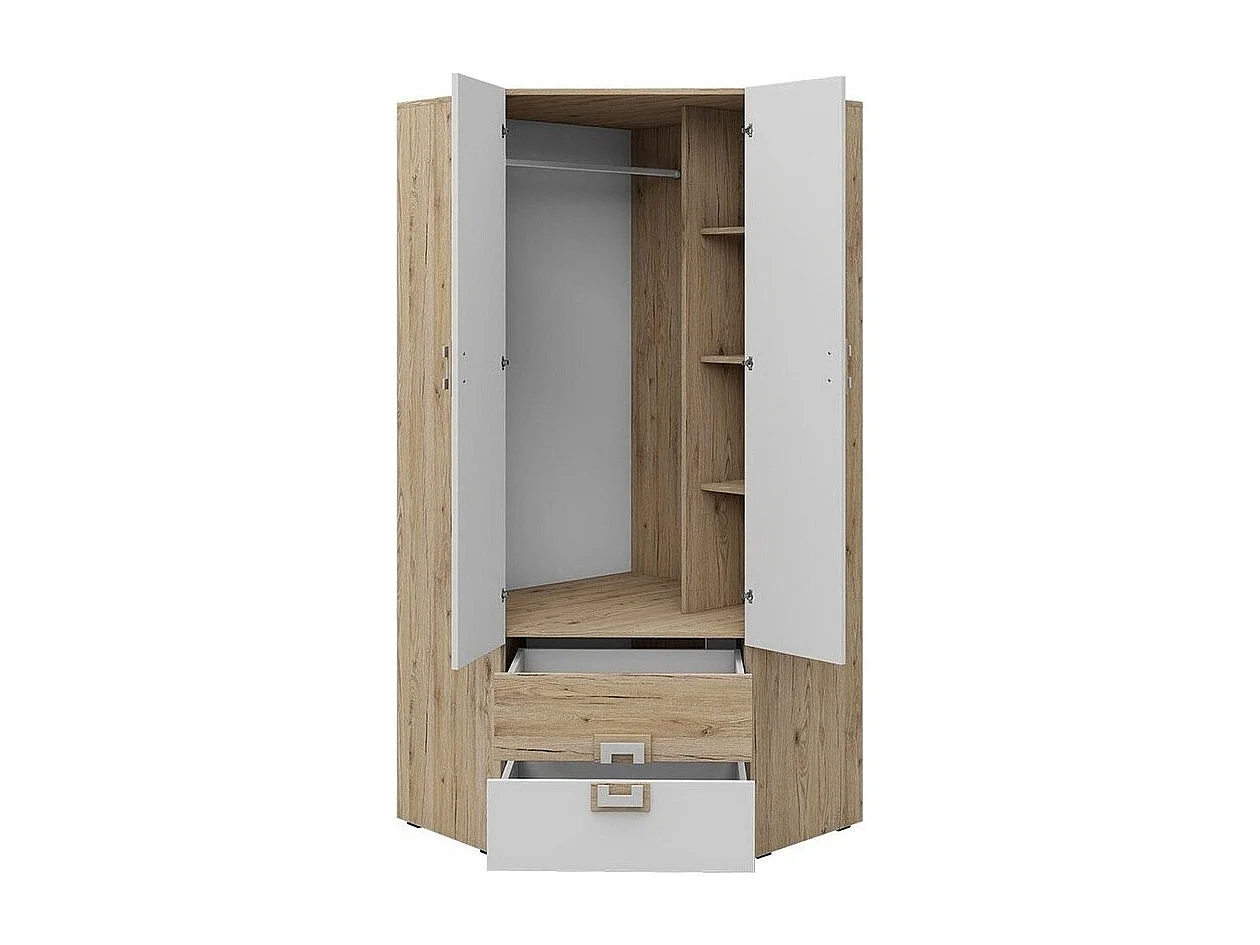 Armoire d'angle Tolfere 102, Blanc|Turquoise|Chêne clair, 190x87x87cm