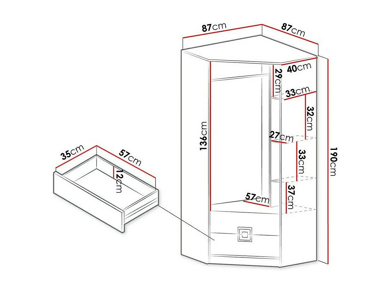 Armoire d'angle Tolfere 102, Blanc|Turquoise|Chêne clair, 190x87x87cm