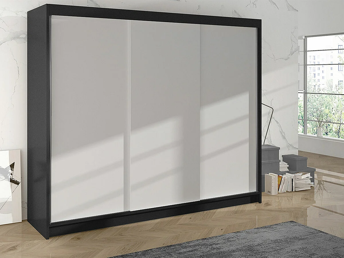 Armoire Closico 159, Noir|Blanc, 215x200x58cm, Portes d'armoire: Coulissantes