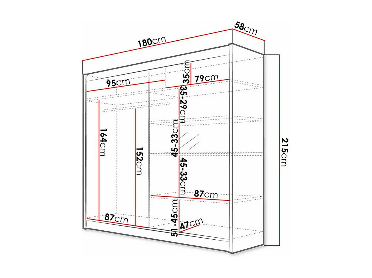 Armoire Closico Cavaris I, Blanc|Noir, 215x180x58cm, Portes d'armoire: Coulissantes