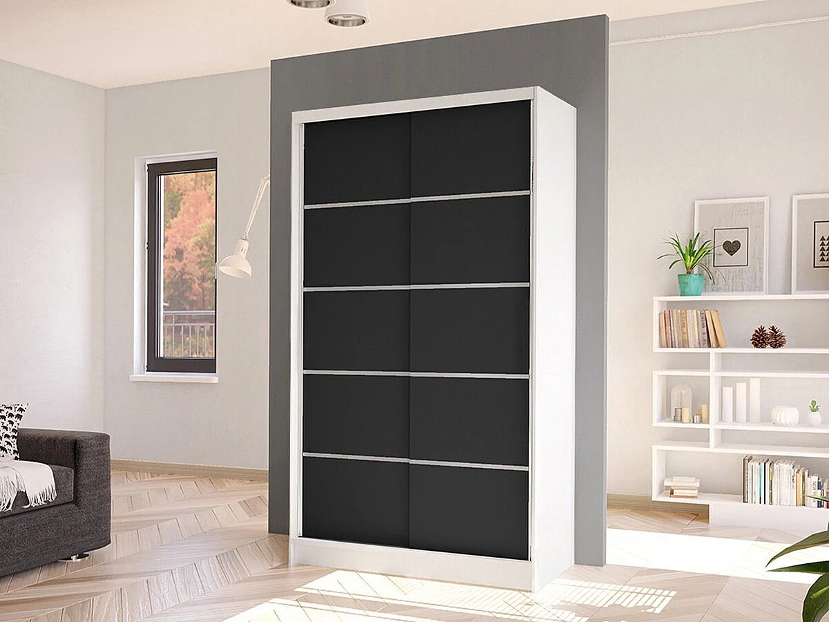 Armoire Closico 167, Noir|Blanc, 200x100x58cm, Portes d'armoire: Coulissantes