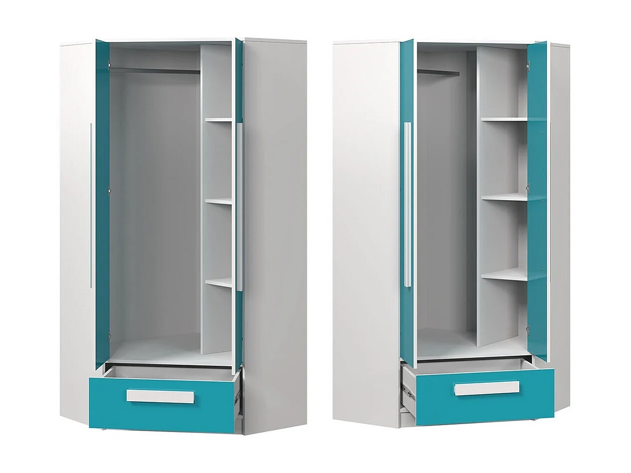 Armoire d'angle Merevari 103, Brillant Turquoise|Blanc, 191x87x87cm, Nombre d'étagères: 3