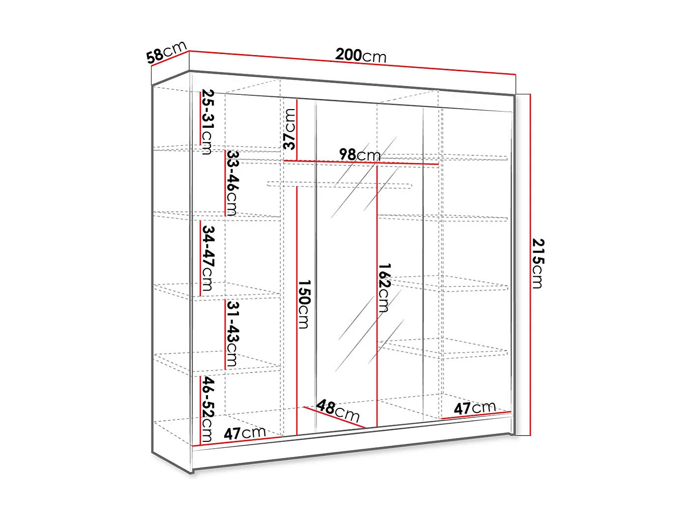 Armoire Closico 158, Noir|Blanc, 215x200x58cm, Portes d'armoire: Coulissantes