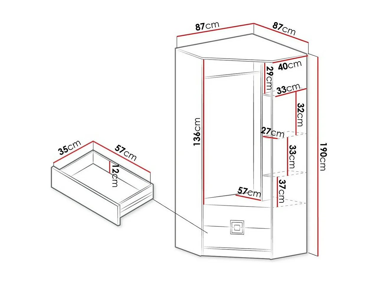 Armoire d'angle Tolfere 102, Blanc|Chêne clair, 190x87x87cm, Nombre d'étagères: 3