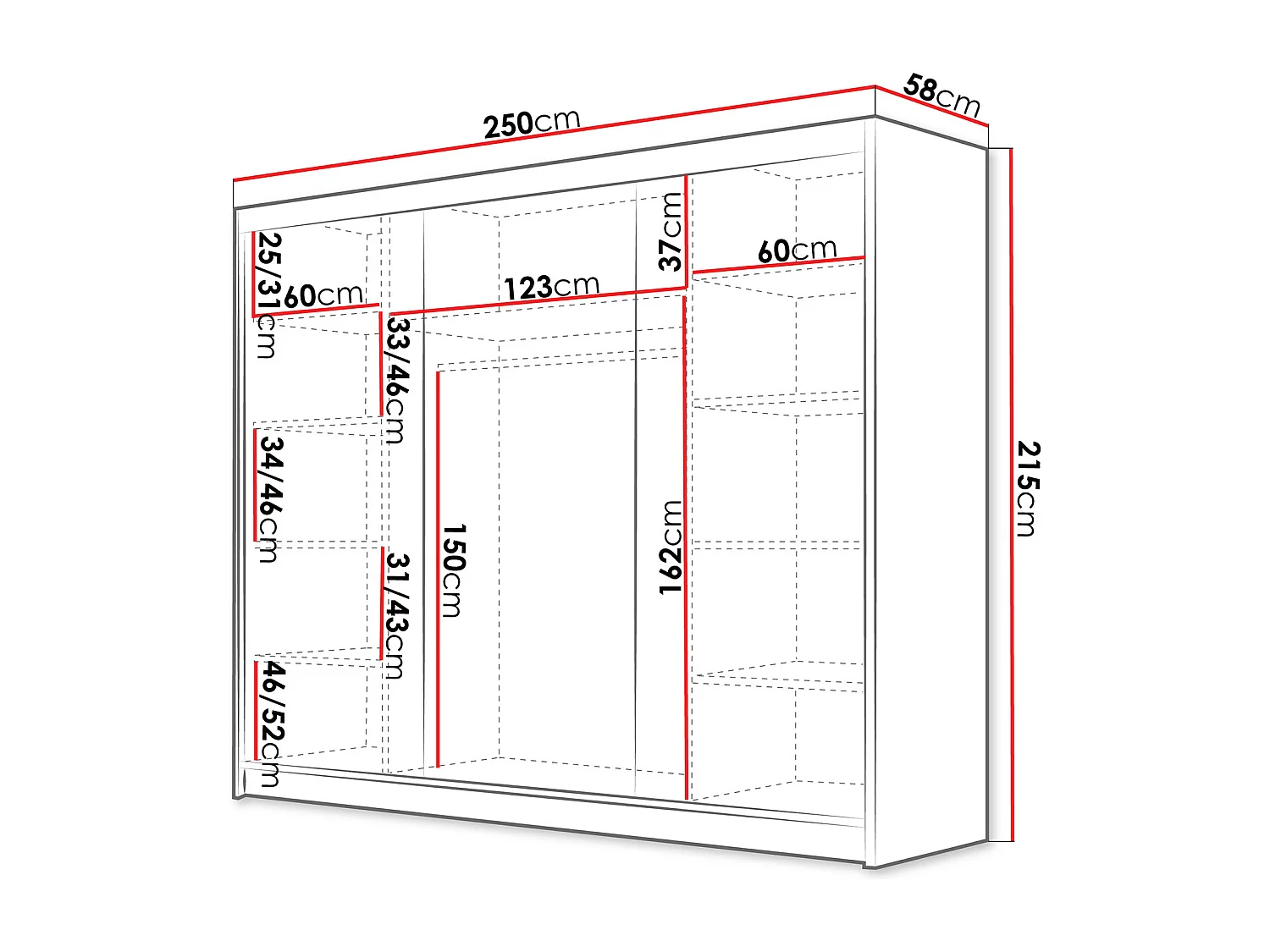 Armoire Closico 184, Noir|Blanc, 215x250x58cm, Portes d'armoire: Coulissantes