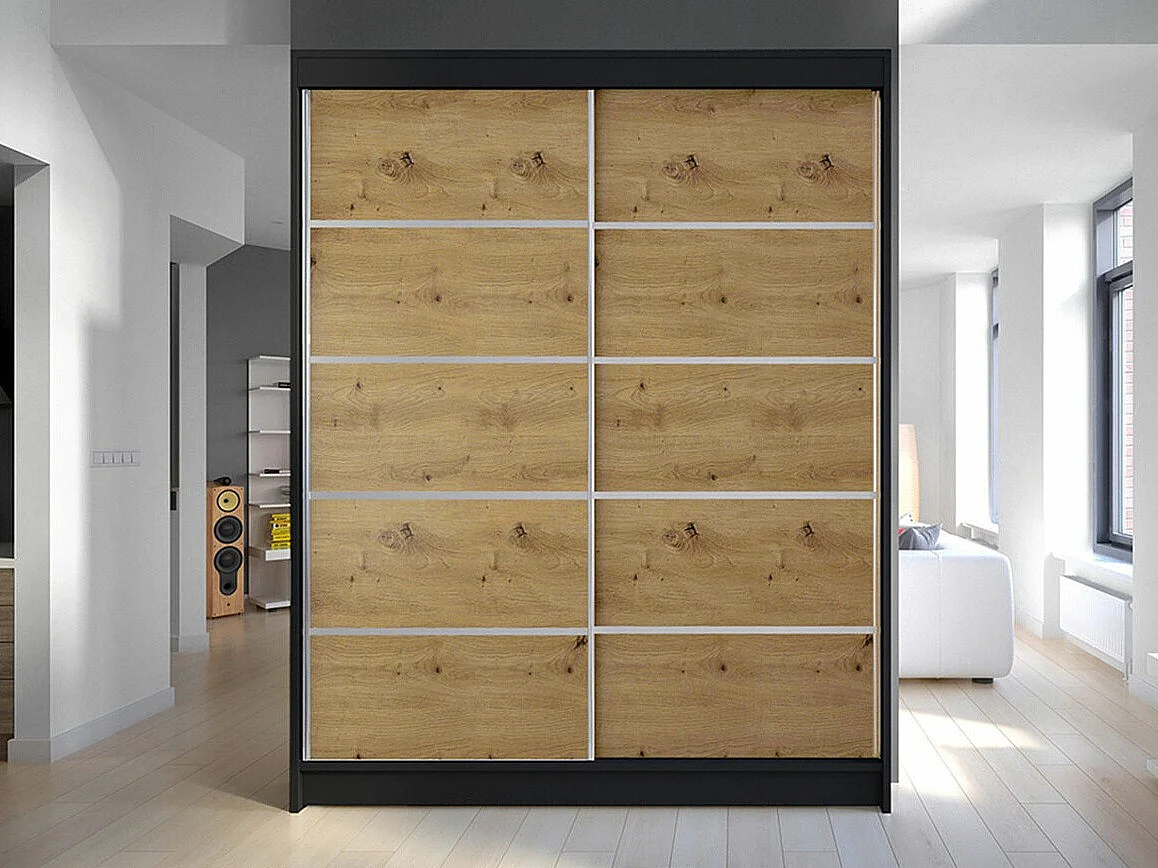 Armoire Closico 145, Chêne Artisan|Noir, 200x150x58cm, Portes d'armoire: Coulissantes