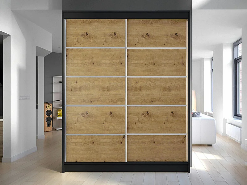 Armoire Closico 145, Chêne Artisan|Noir, 200x150x58cm, Portes d'armoire: Coulissantes
