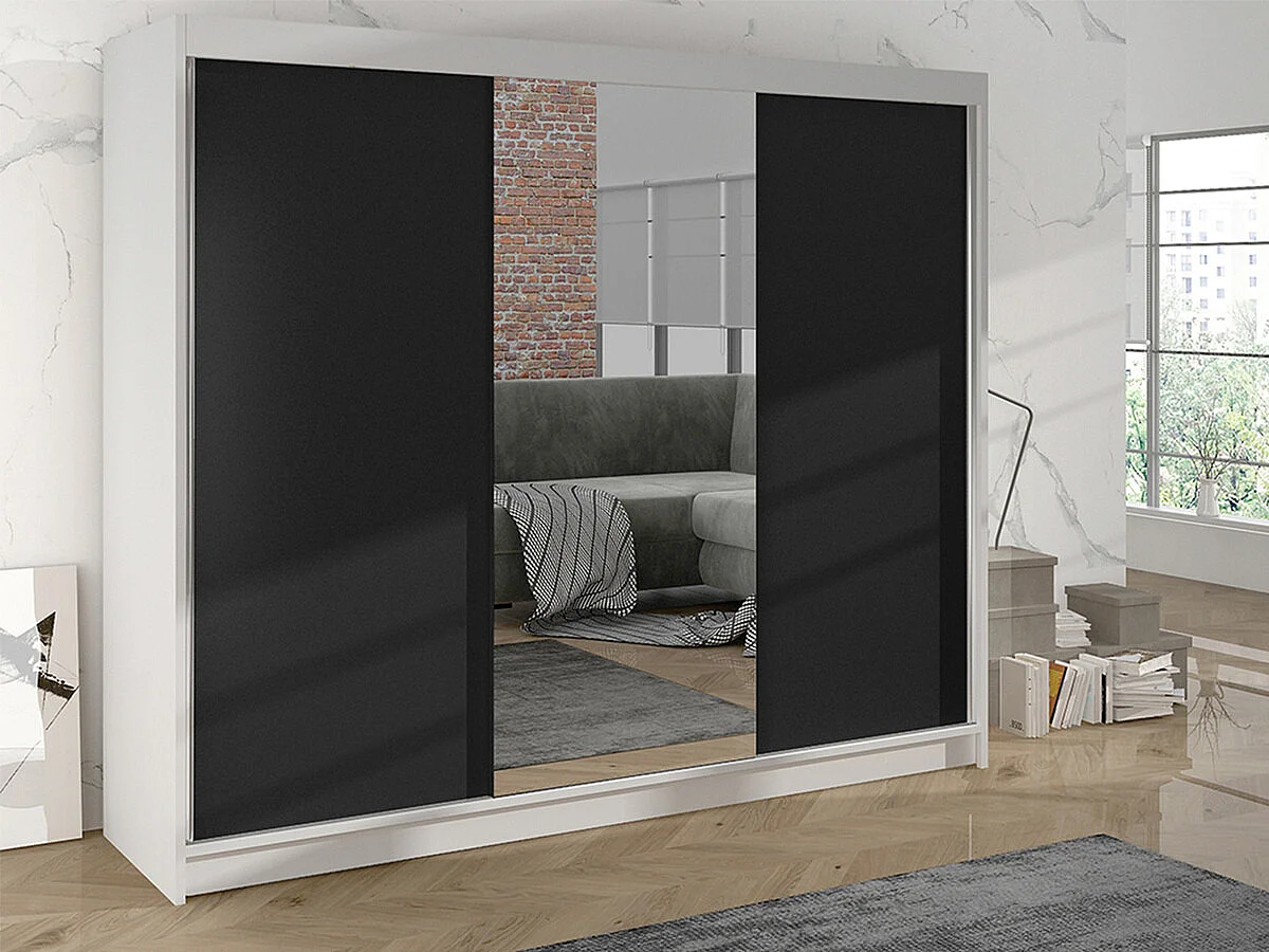 Armoire Closico 158, Noir|Blanc, 215x200x58cm, Portes d'armoire: Coulissantes