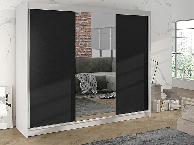 Armoire Closico 158, Noir|Blanc, 215x200x58cm, Portes d'armoire: Coulissantes