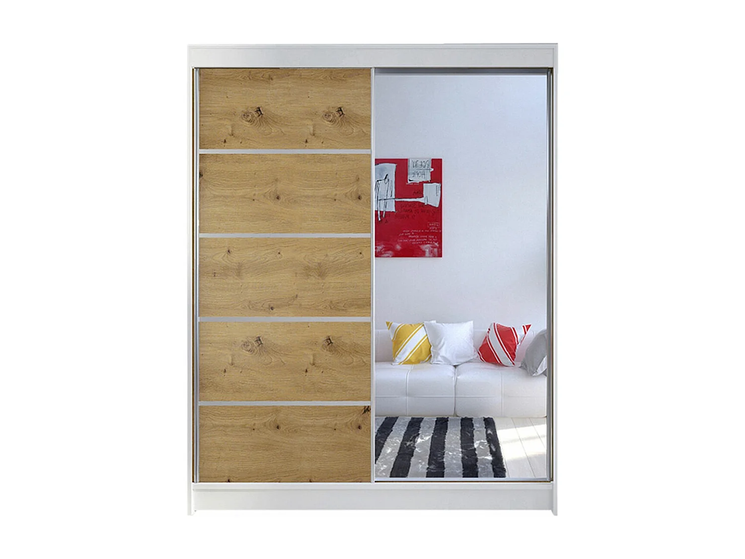 Armoire Closico 143, Chêne Artisan|Blanc, 200x150x58cm, Portes d'armoire: Coulissantes