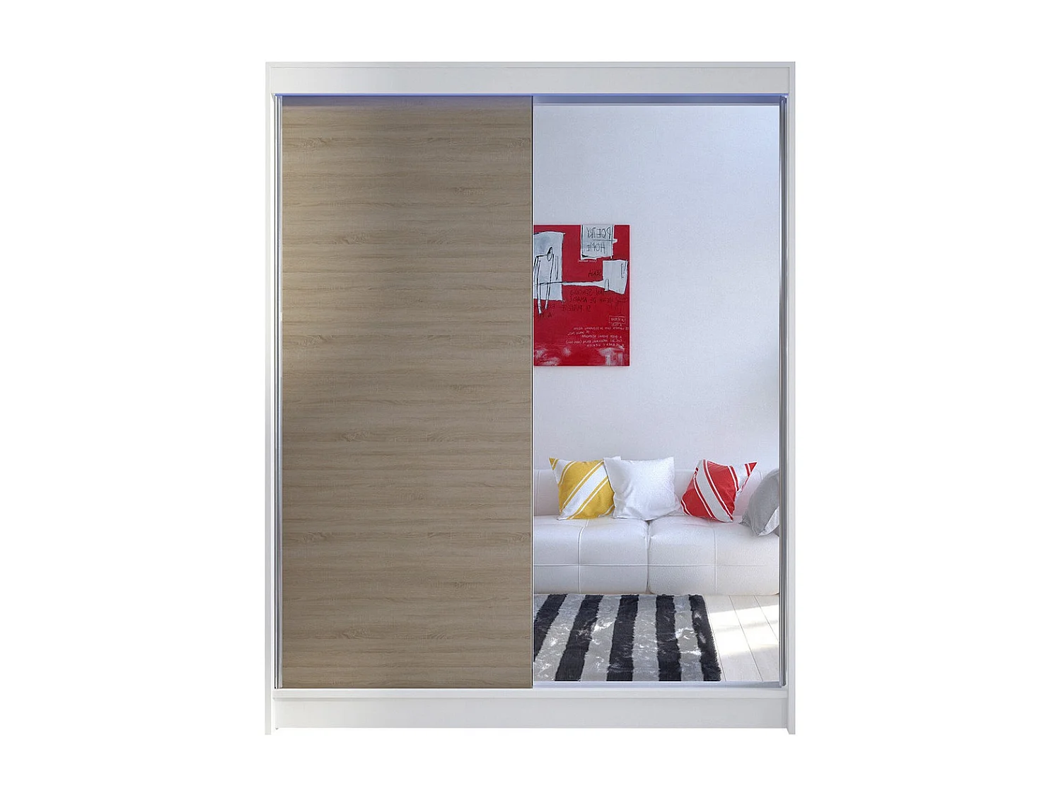 Armoire Closico 140, Blanc|Sonoma chêne, 200x150x58cm, Portes d'armoire: Coulissantes