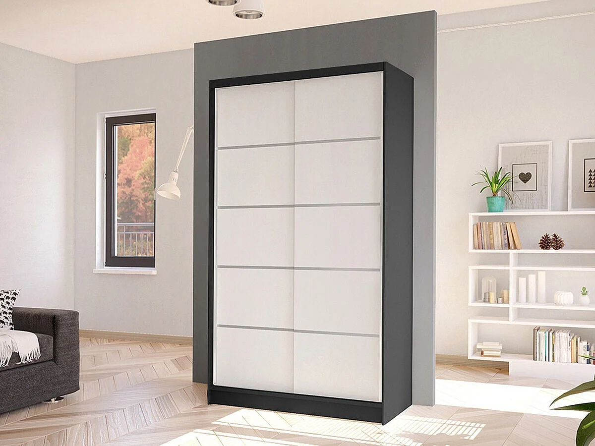 Armoire Closico Fractor IV, Noir|Blanc, 200x100x58cm, Portes d'armoire: Coulissantes